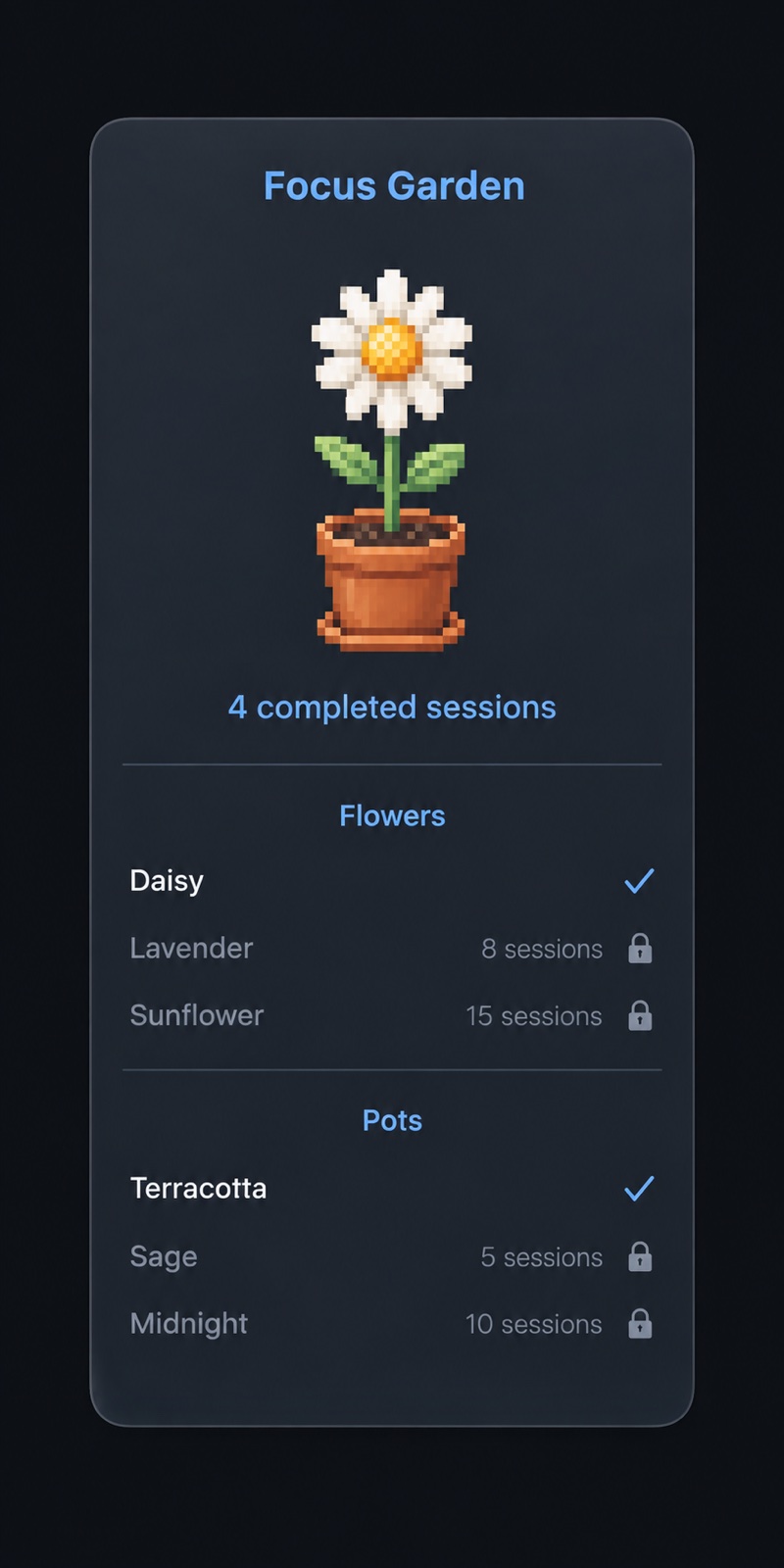Focus Garden concept with a daisy, flower choices, and pot choices; not an app screenshot.